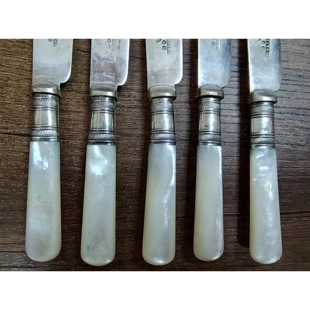 Antique Sheffield EPNS Butter Knives Set of 5 Sterling Ferrules Mother of Pearl
